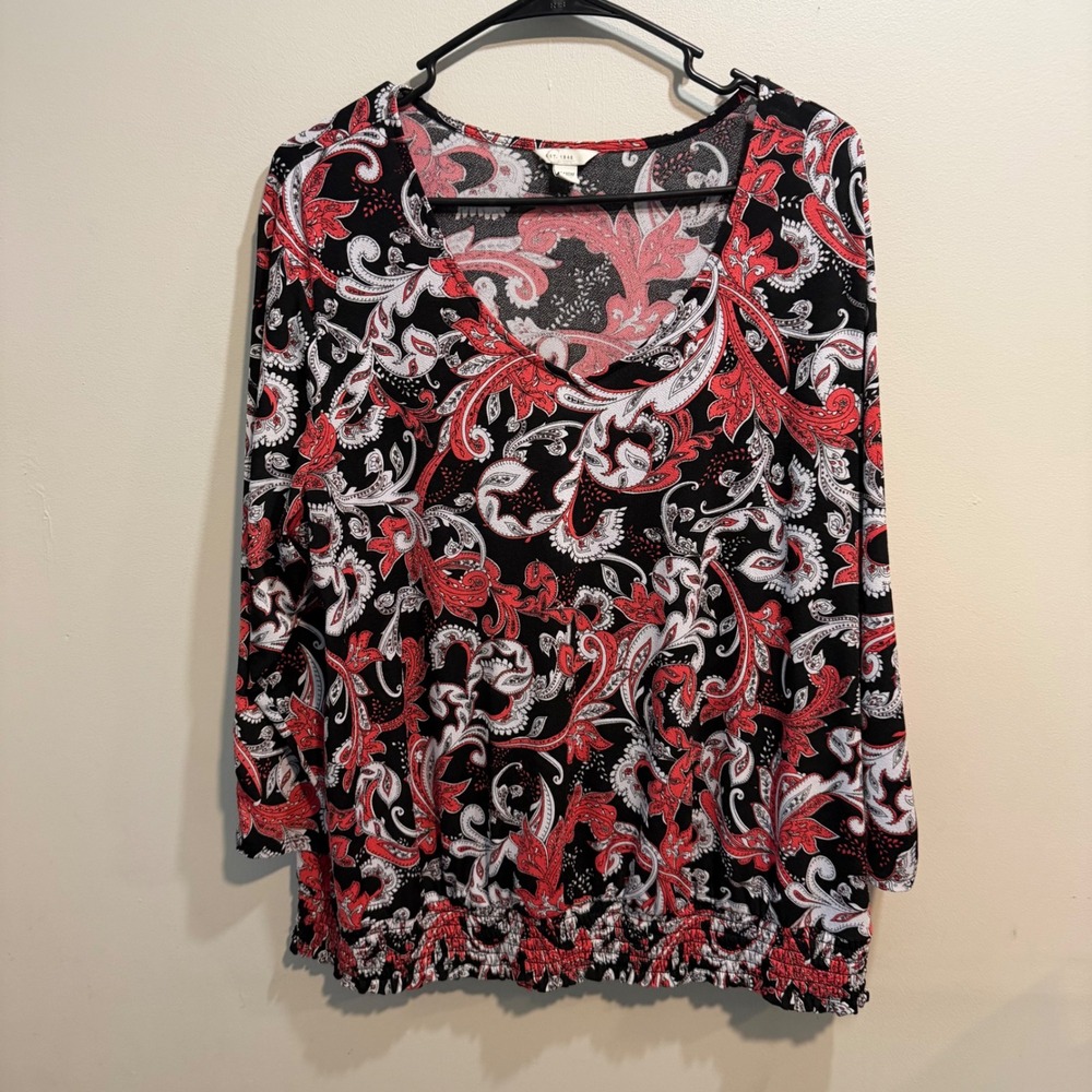 Cato 1946 Red Black Paisley Smocked Hem Blouse 3/4 Sleeve Plus Size 14/16W